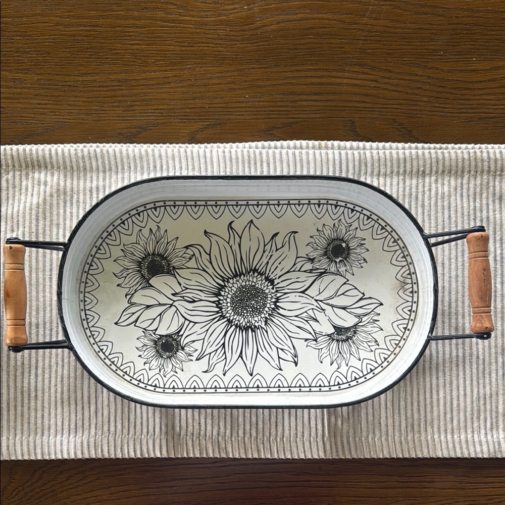 White Metal Serving Tray with Wooden Handles